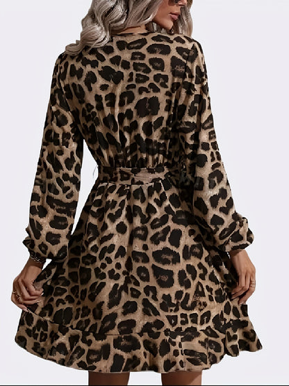 Women Fashion Leopard V-Neck Long Sleeve Dress