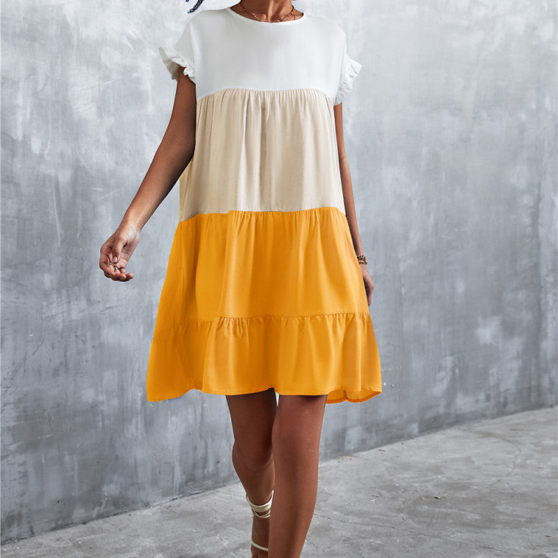 Women Bohemian Summer Short Sleeves Color Blocking Ruffled Dress