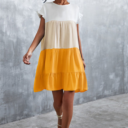 Women Bohemian Summer Short Sleeves Color Blocking Ruffled Dress