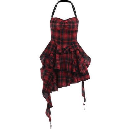 Robe sexy gothique à volants irréguliers et à carreaux rouges, col licou
