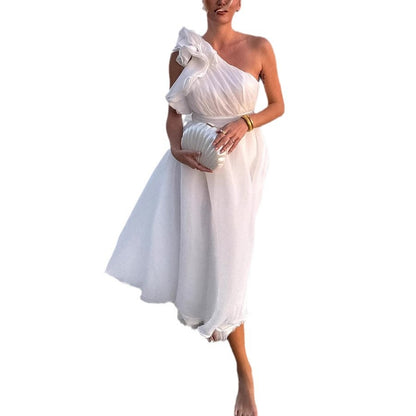 Women Fashion Solid Color Shoulder Backless Dress