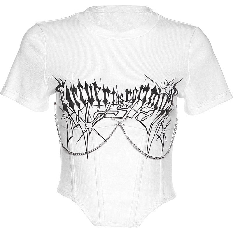 Women Fashion Sexy Printed Chain Short Sleeve Crop Top