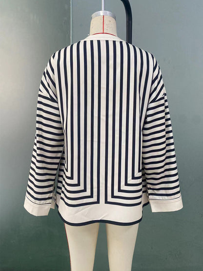 Women Fashion Stripe Print Long Sleeve Shirt