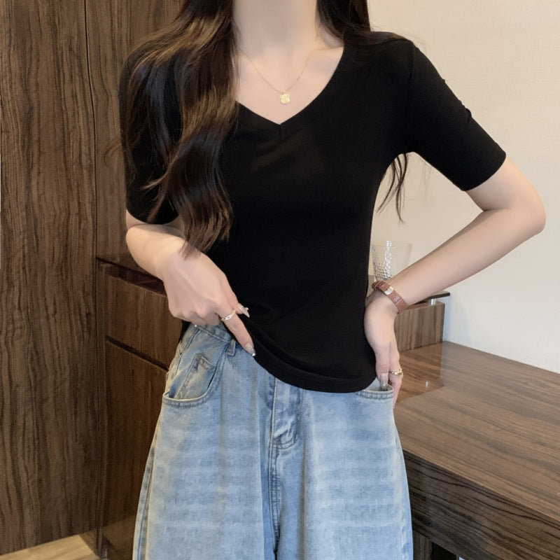 Women Fashion Solid Color V-Neck Blank T-Shirt - Casual Slim Fit