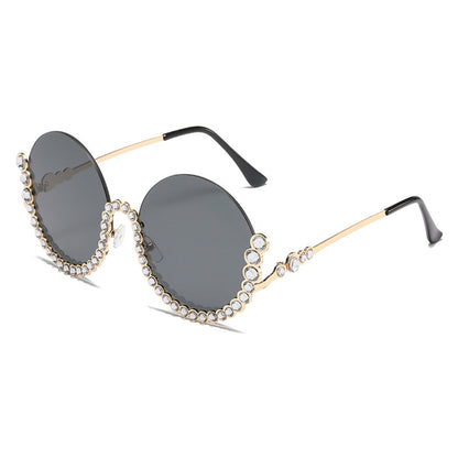 Fashion Metal Rhinestone Round Half Frame Sunglasses