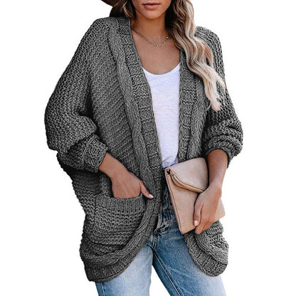 Women Thick Knitted Cardigan Coat with V-Neck