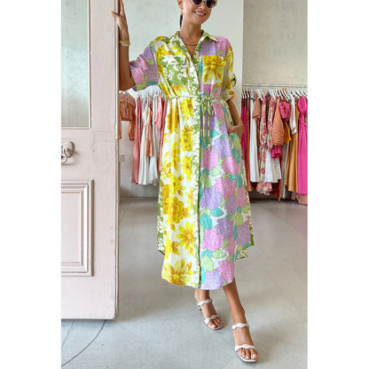 Robe longue à fleurs et poches à lacets pour femme