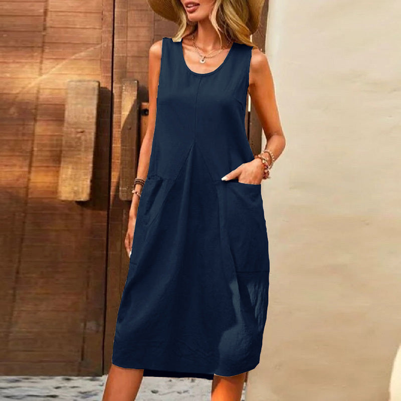 Vestido informal de lino y algodón de color liso sin mangas para mujer