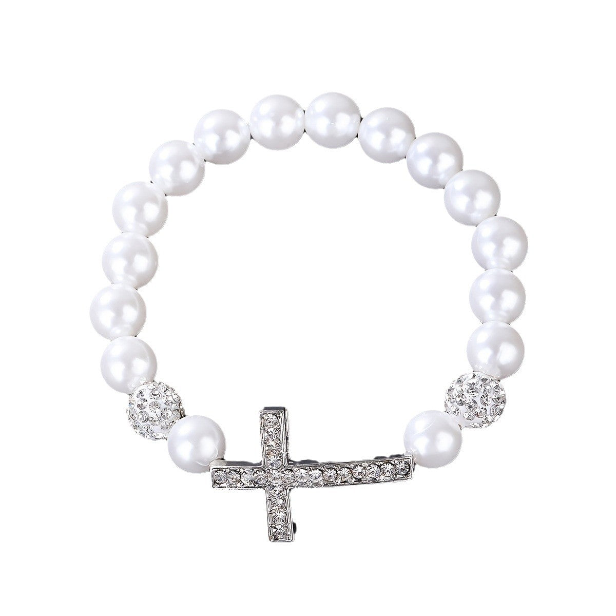 Women Fashion White Imitation Pearl Cross Bracelet