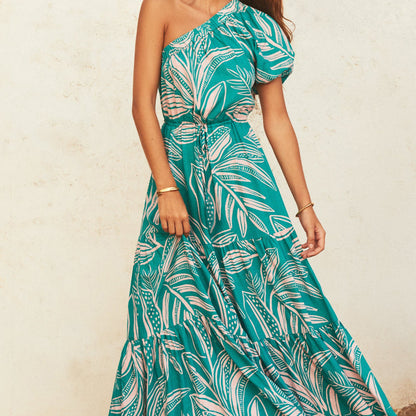 Women's Slant Shoulder Boho Tiny Flower Casual Maxi Dress