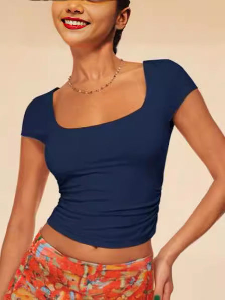 Women Fashion Sexy Solid Color Short-Sleeved Slim-Fit Crop Top