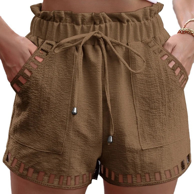 Women Casual Summer Cotton Linen Solid Color Hollow Hem Shorts