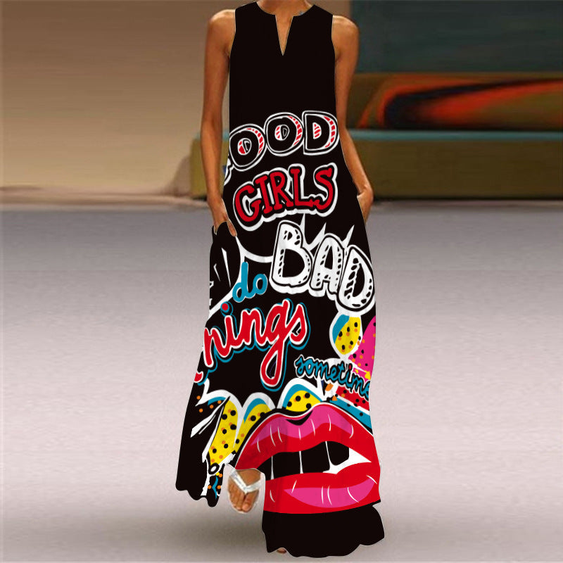 Vestido maxi sin mangas con cuello en V estilo bohemio informal de verano para mujer