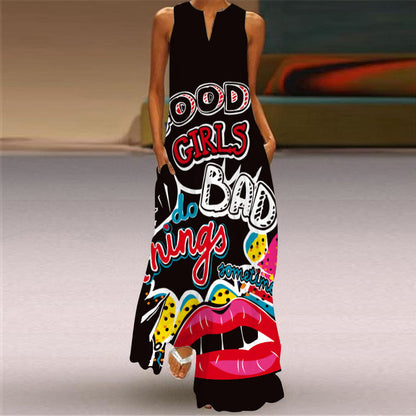 Vestido maxi sin mangas con cuello en V estilo bohemio informal de verano para mujer