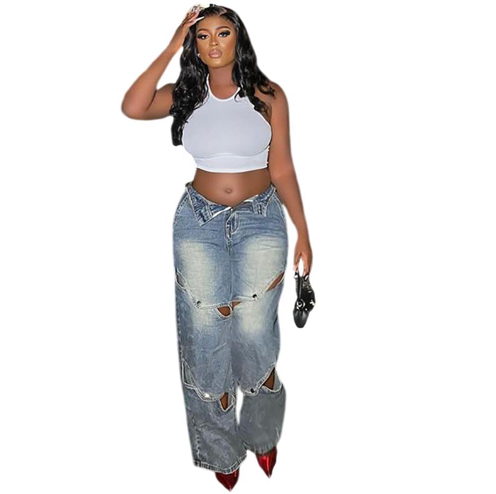 Women Street Fashion Cutout Jeans Light Blue High Waist