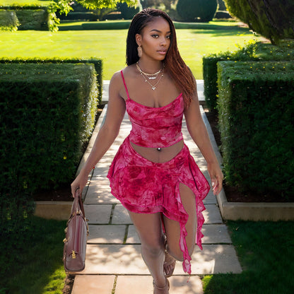 Women Fashion Sexy Tie-Dye Mesh Camisole Skirt Set