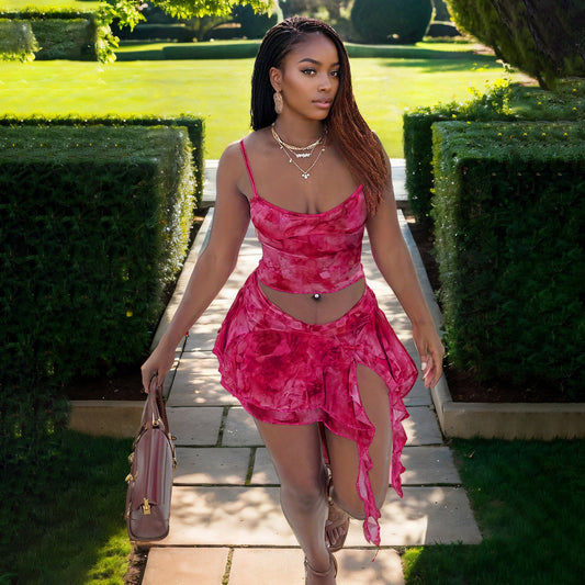 Women Fashion Sexy Tie-Dye Mesh Camisole Skirt Set