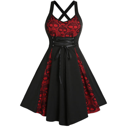 Robe gothique à coutures en dentelle et tête de mort pour femme