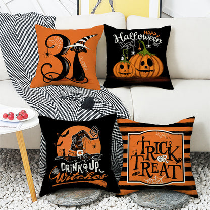 Halloween Cartoon Pumpkin Cat Witch Hat Sofa Cushion Cover