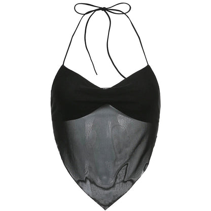 Women Fashion Sexy Pleated Mesh Halter-Neck Camisole
