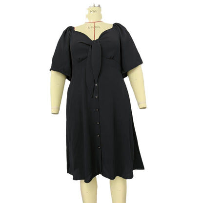 Women Plus Size Solid Color V-Neck Short Sleeve Dress