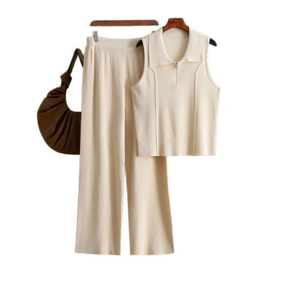 Women Casual Solid Color Sleeveless Zipper Tank Top High Waist Pants Two-Piece Set