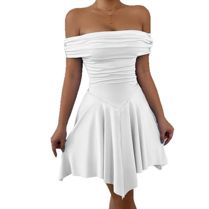 Women Fashion Solid Color Shoulder Irregular Dress in Gourmet Milk Silk