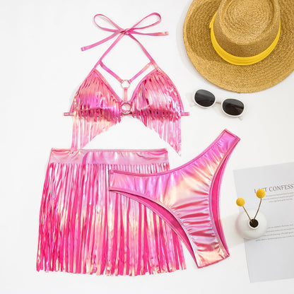 Conjunto de bikini de tres piezas con borlas sexy para mujer