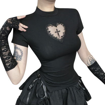 Camiseta de manga corta con cruz gótica hueca para mujer