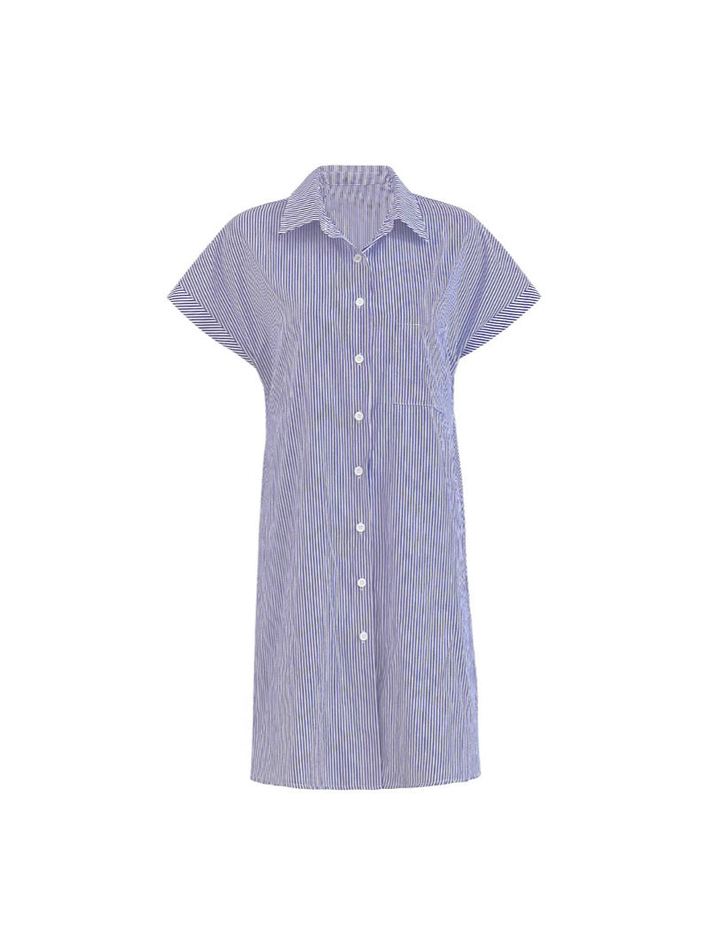 Vestido informal de manga corta con solapa y rayas para mujer