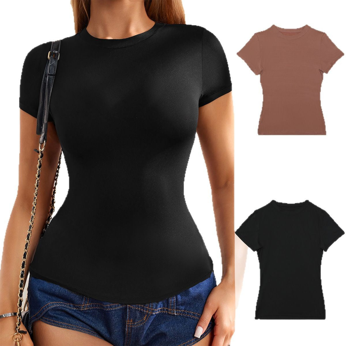 Camiseta básica informal elástica de manga corta para mujer - Poliéster y elastano cómodos