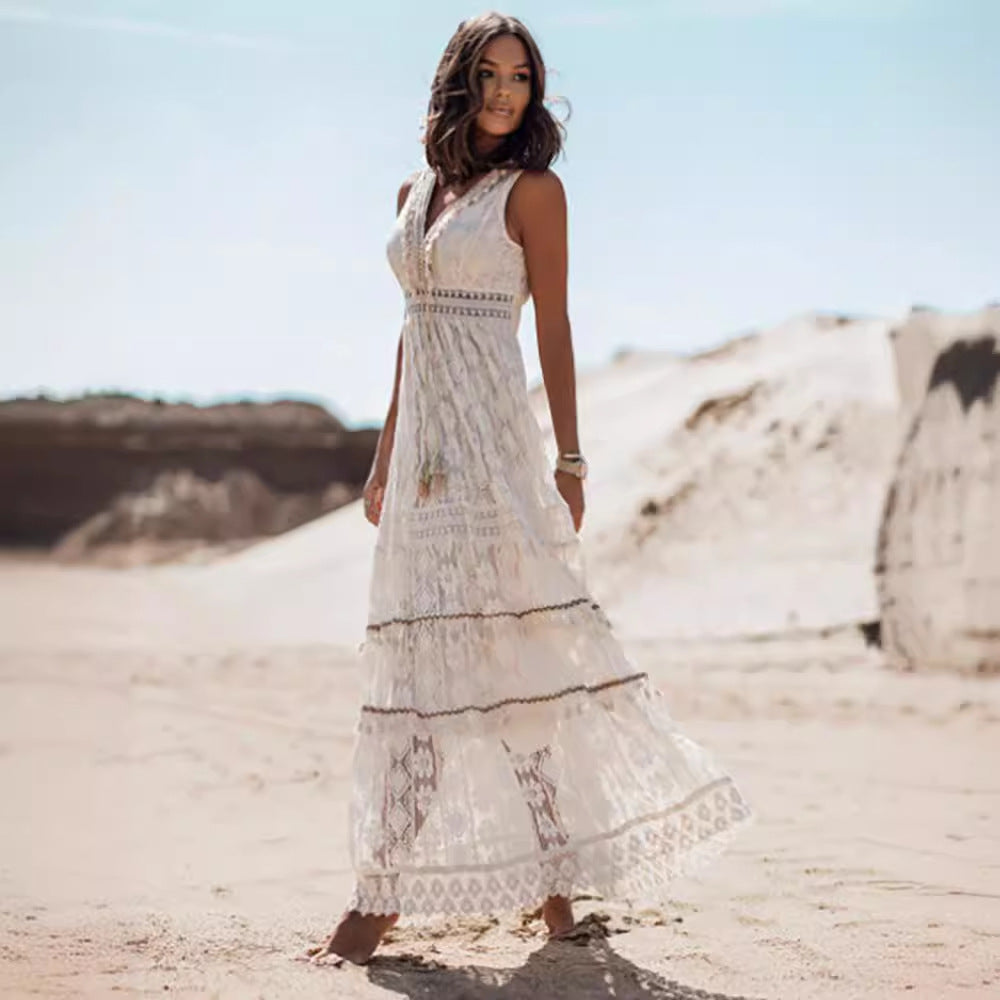 Vestido largo bohemio elegante con costuras de encaje de color sólido para mujer