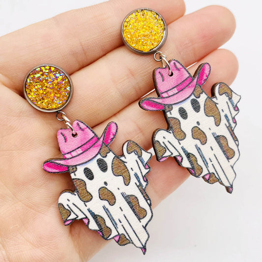 Halloween Women Fashion Retro Ghost Pulley Wooden Earrings