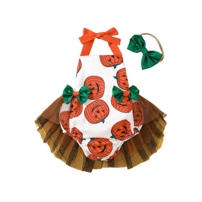 Kids Baby Girls Halloween Pumpkin Mesh Sleeveless Romper