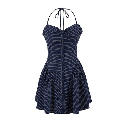 Vestido sexy de rayas con cuello halter para mujer