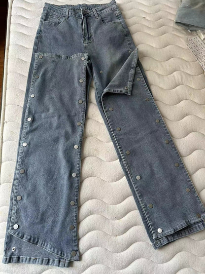 Street Women Fashion Detachable Straight Jeans in Dusty Blue