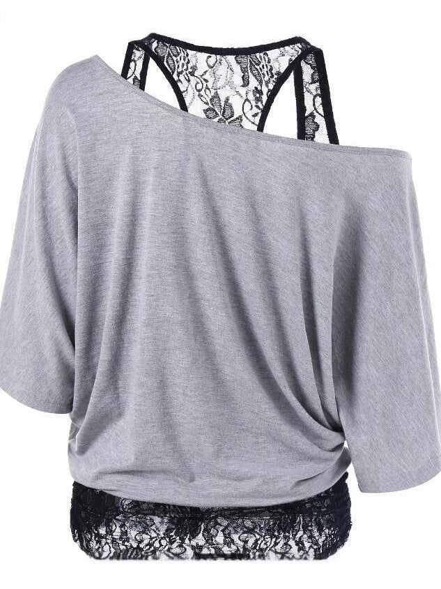 Plus Size Lace Splicing Slanted Shoulder T-Shirt
