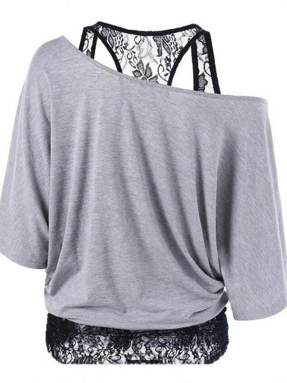 Plus Size Lace Splicing Slanted Shoulder T-Shirt
