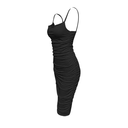 Women Fashion Sexy Solid Color Pleated Spaghetti Strap Backless Dress