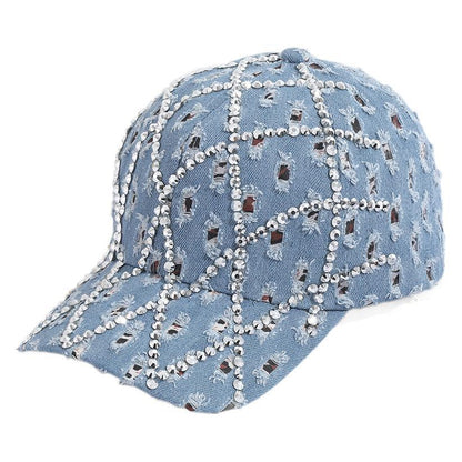 Gorra de béisbol vaquera rasgada con diamantes de imitación para mujer