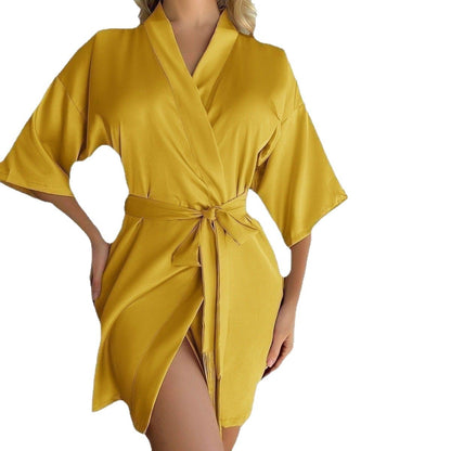 Pijama sexy de satén de color liso con borlas y cordones para mujer.