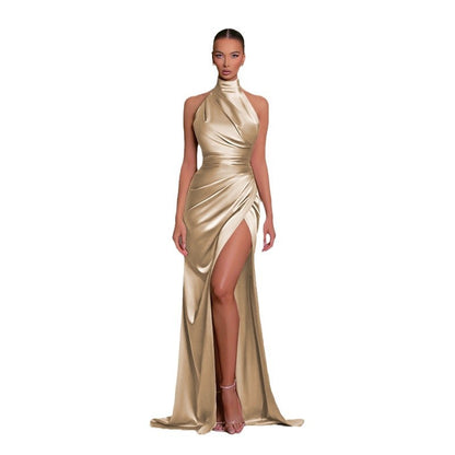 Women Elegant Solid Color Side Split Party Dress