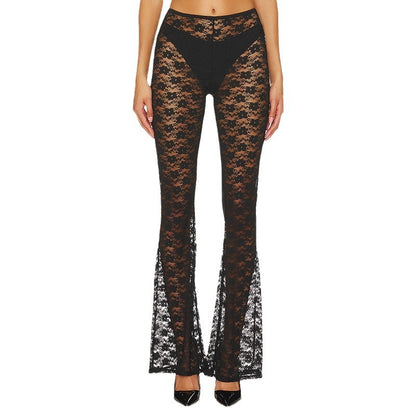 Pantalones acampanados de encaje transparente para mujer