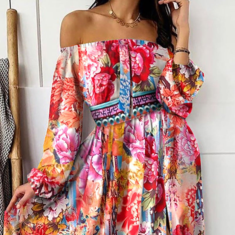 Women Fashion Boho Style Floral Printed Off-Shoulder Maxi Dress