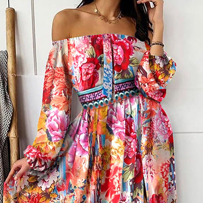 Women Fashion Boho Style Floral Printed Off-Shoulder Maxi Dress