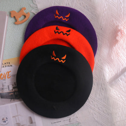 Béret brodé citrouille en laine pour femme, idéal pour Halloween