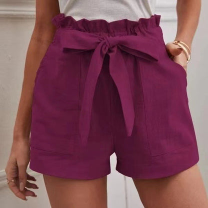 Pantalones cortos casuales de lino sueltos de cintura alta para mujer