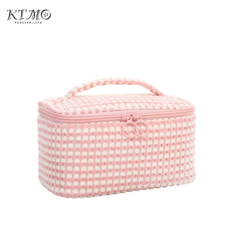 Bolsa de cosméticos portátil de franela a cuadros para viajes