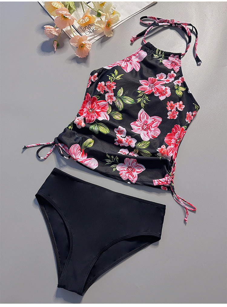 Women Fashion Floral Printed Halter Neck Top Triangle Pantie Tankinis Swimsuit 2pcs Set