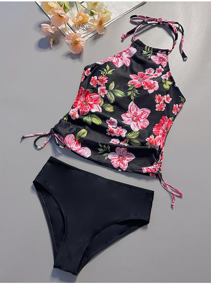Women Fashion Floral Printed Halter Neck Top Triangle Pantie Tankinis Swimsuit 2pcs Set